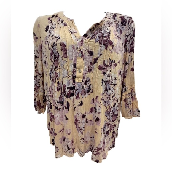 J. Jill Cream and Purple Floral Pintuck Bell Sleeve Blouse - Picture 1 of 7